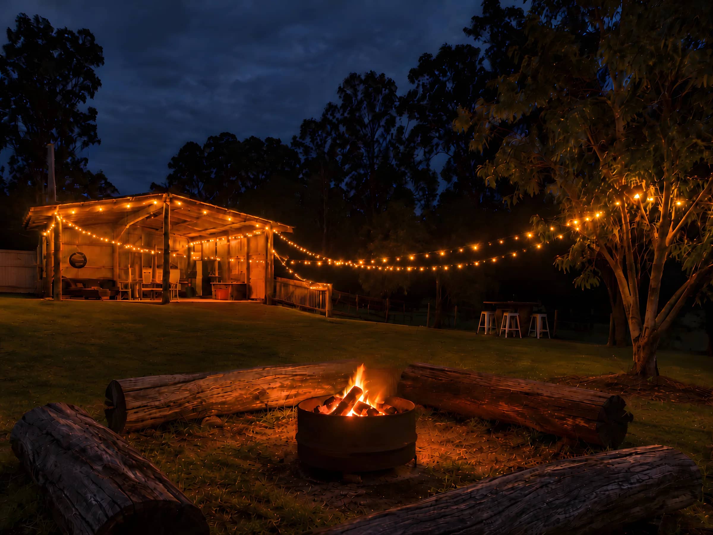 The barn lit up at night, with a fire in the fire pit and log seats in the foreground