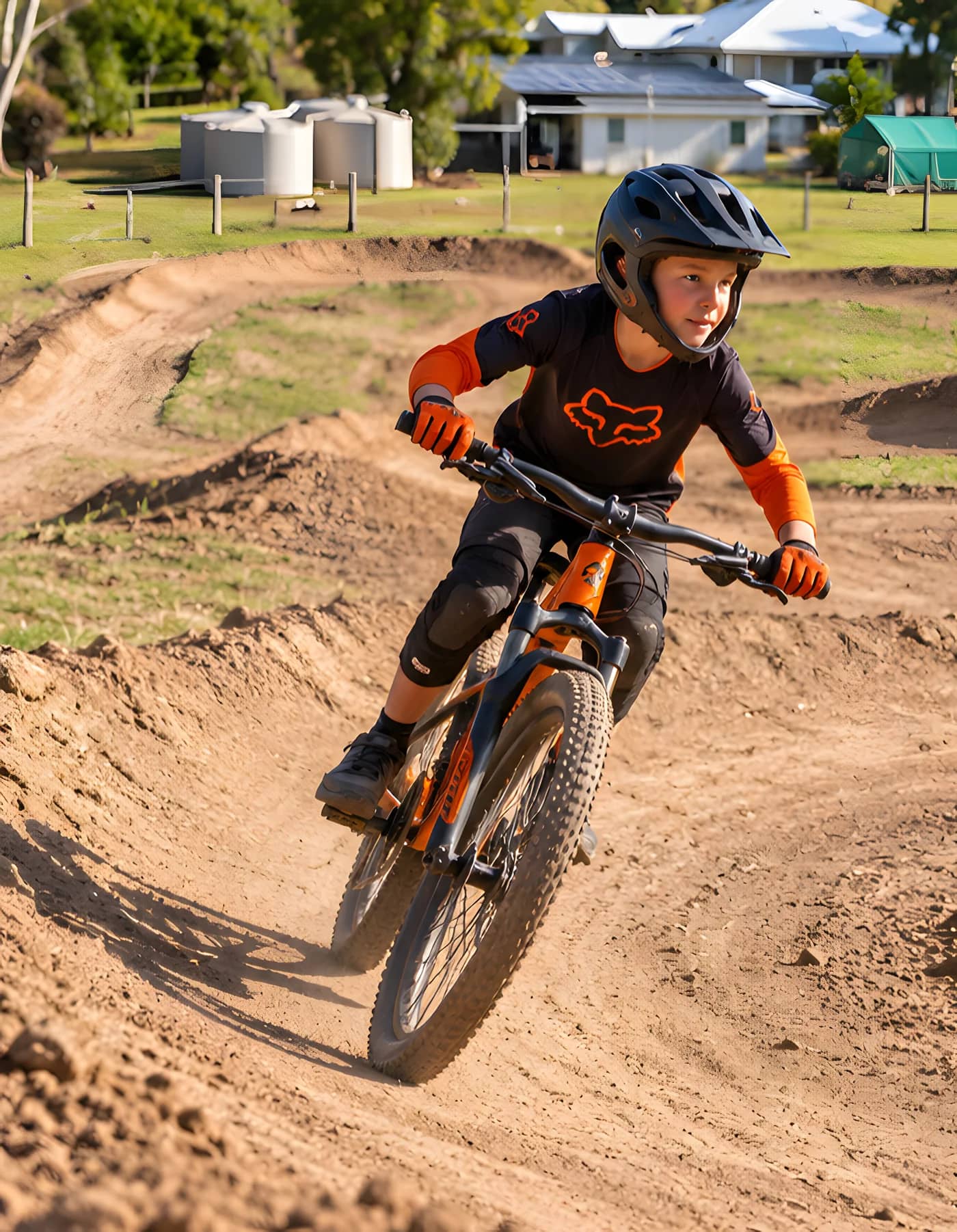 A young rider wearing a helmet on Bellwood's dirt push-bike track