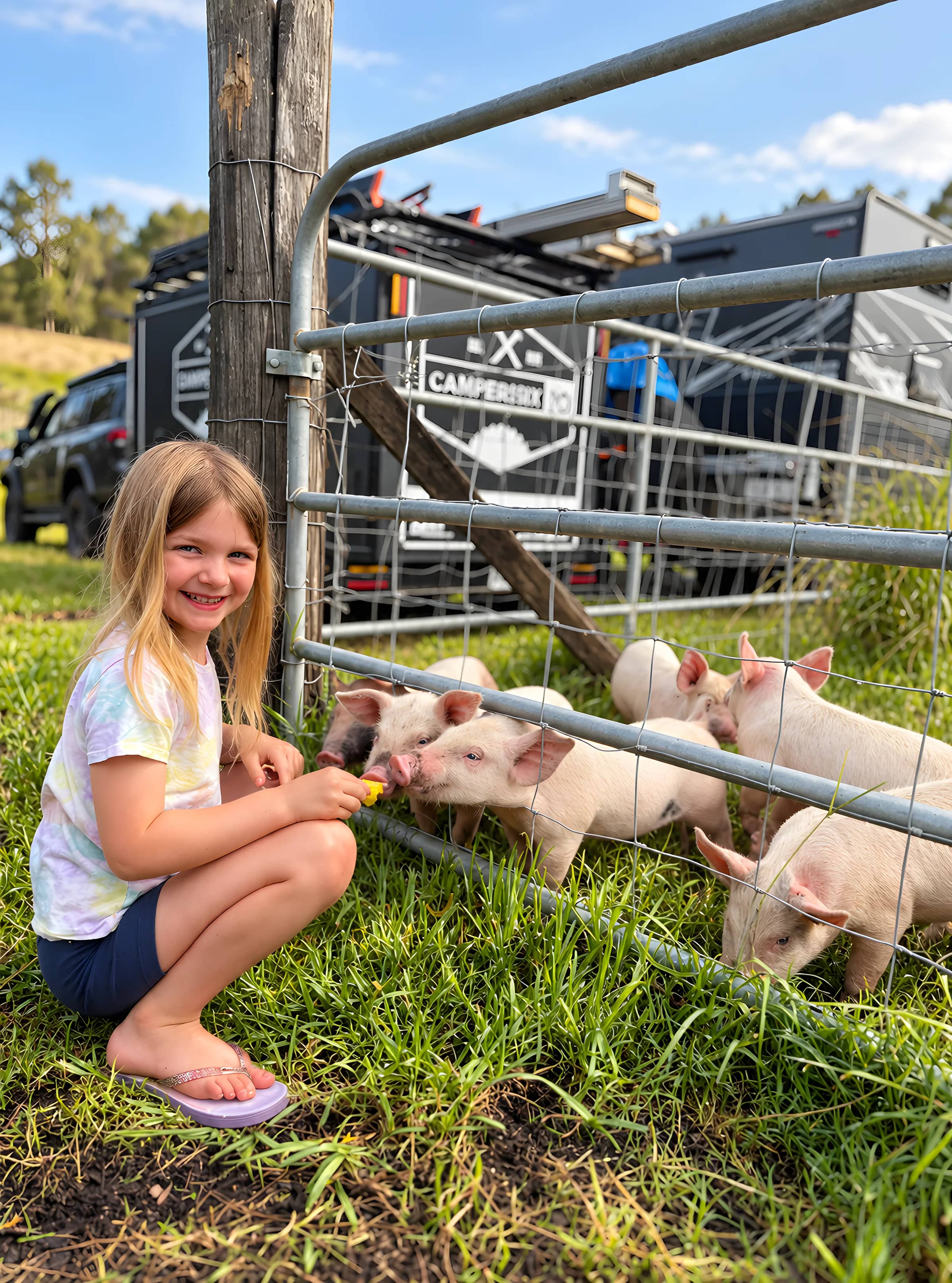 A girl crouching at the farm fence, hand-feeding a row of piglets
