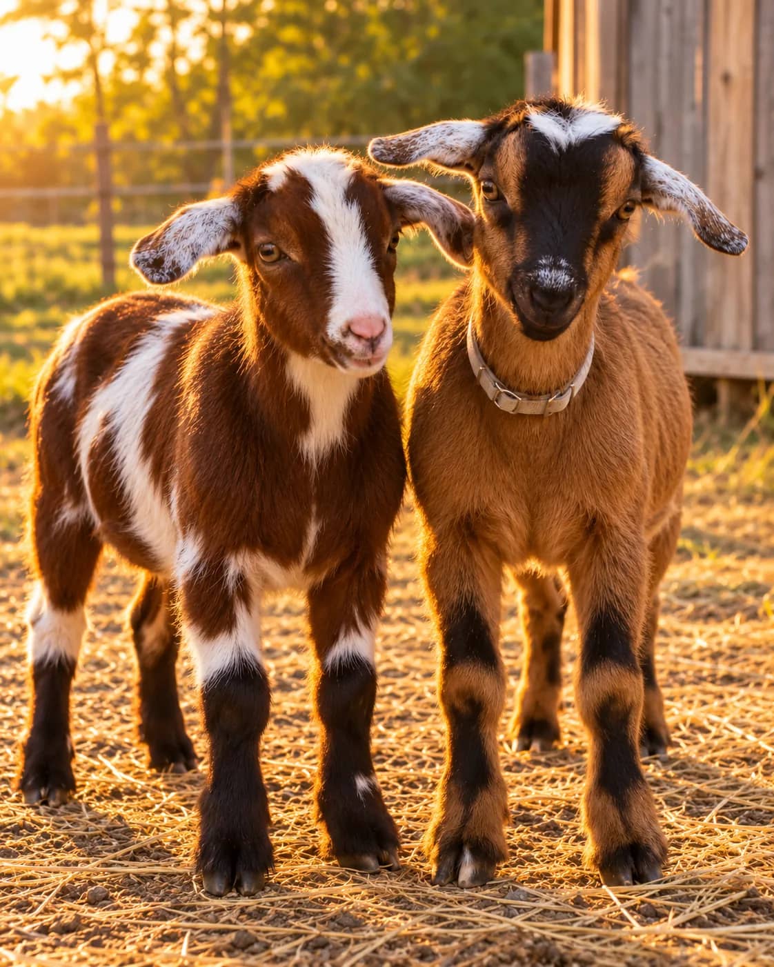 Two young goats standing together in the afternoon light