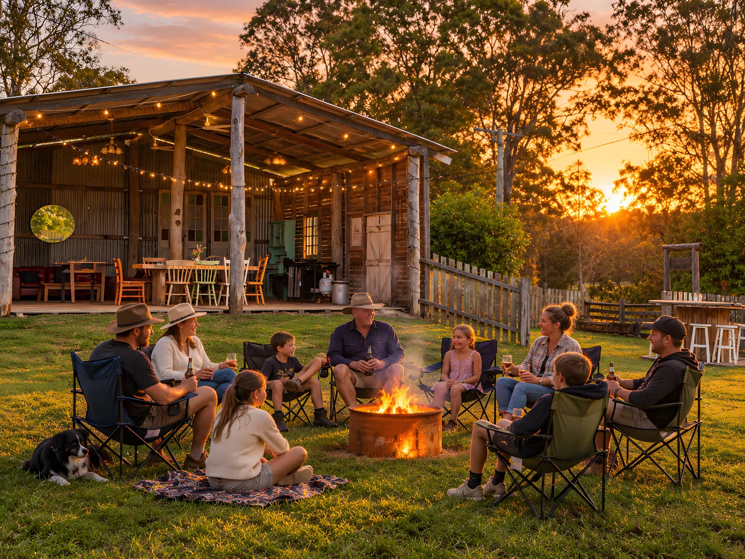 Families sitting around the fire pit at sunset, with the barn’s festoon lights behind them